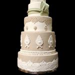 Sage and Tan Wedding Cake with Lace and Pearl Detail